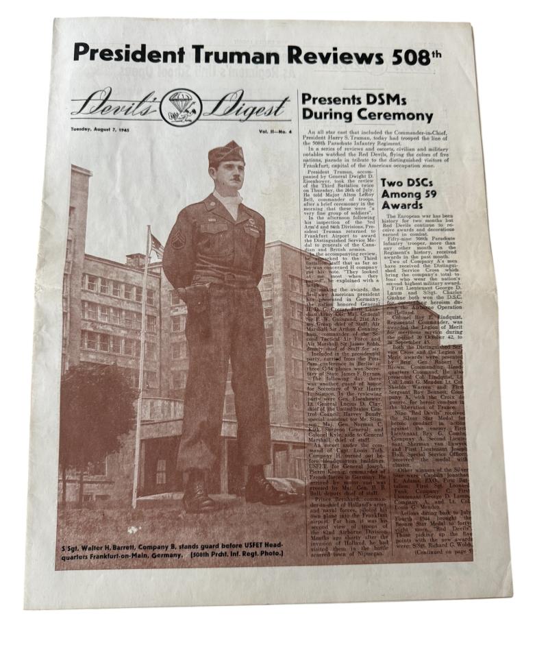U.S. (Airborne) 508th PIR Devils Digest Magazine August 1945 - Nice Used Condition