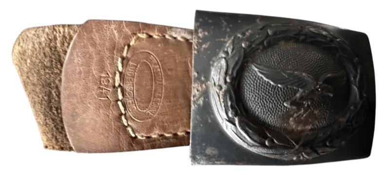 WH (Luftwaffe) Belt Buckle And Leather Tab 1941 Denazified- Nice Used Condition